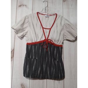 Life Uniform Scrub Top Ladies Medium White Black Polka Dot‎